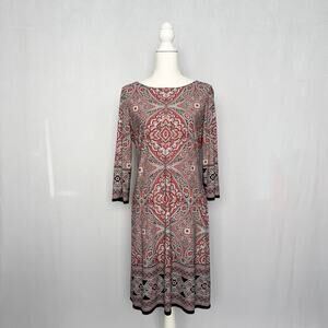 London Times Black Red White Stretch Print Dress, Size 10